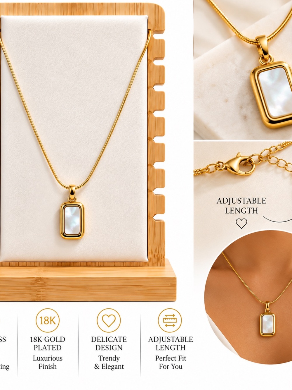 Gold Plated Mother-of-Pearl Rectangle Pendant Necklace - Adjustable Length